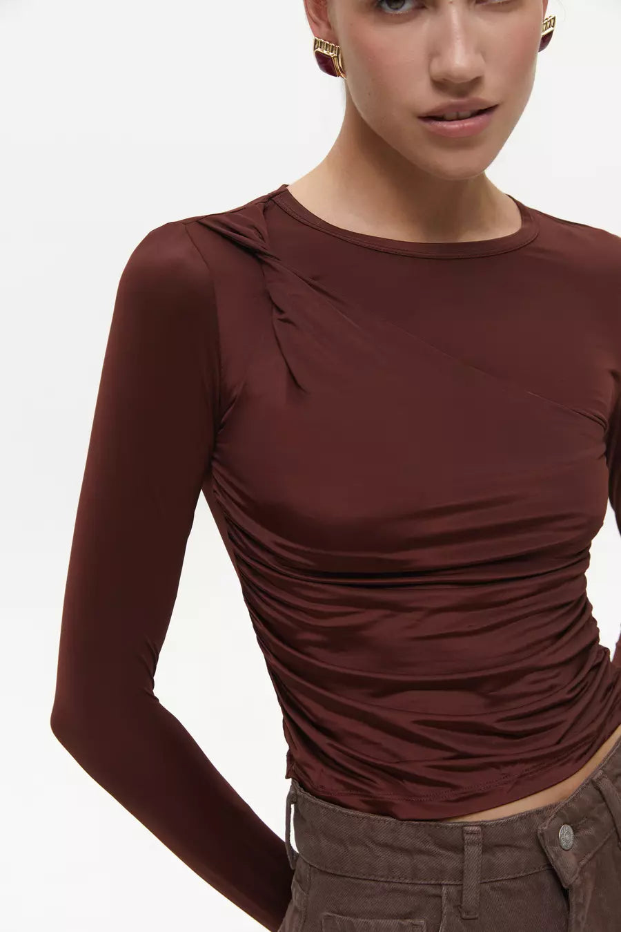 Brown Draped Long Sleeve Top