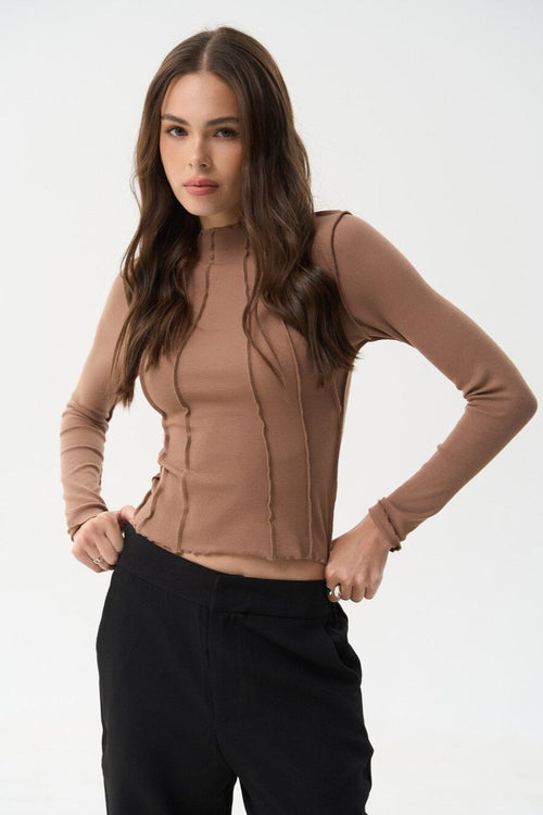 Beige Long Sleeve Shirt with Decorative Seams