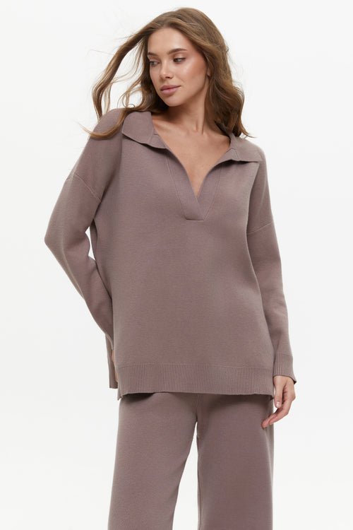 Two piece beige suit with Relaxed Fit Polo Sweater and Palazzo Pants