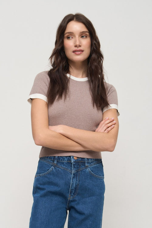 Beige Contrast Trim Knit T-Shirt