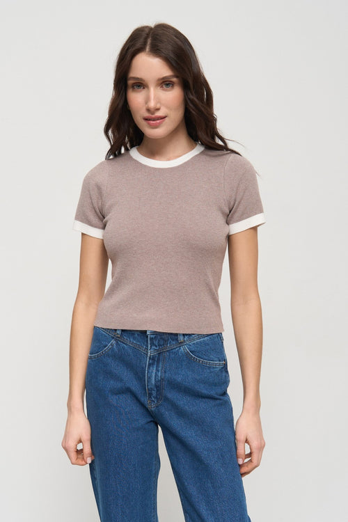 Beige Contrast Trim Knit T-Shirt