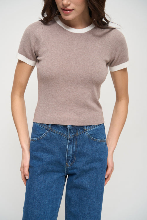 Beige Contrast Trim Knit T-Shirt