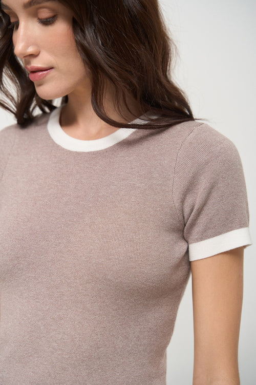 Beige Contrast Trim Knit T-Shirt