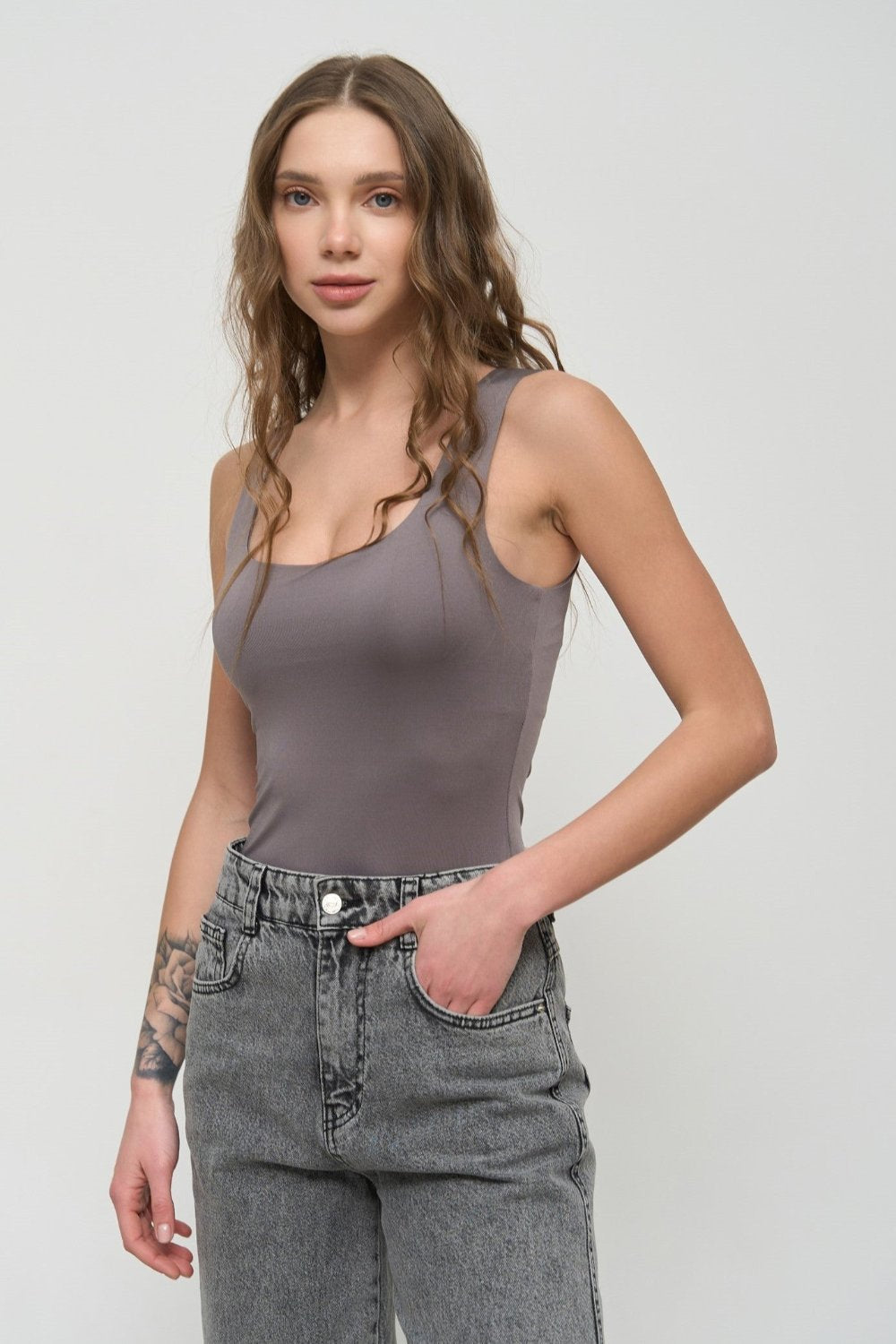 Grey Square Neck Tank Top