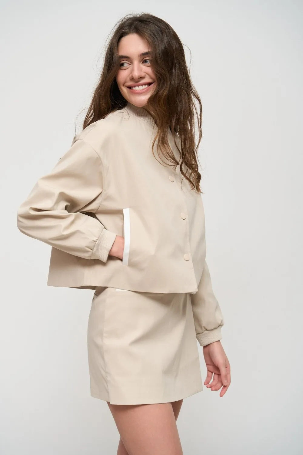 Beige Cropped Bomber Jacket with Pockets