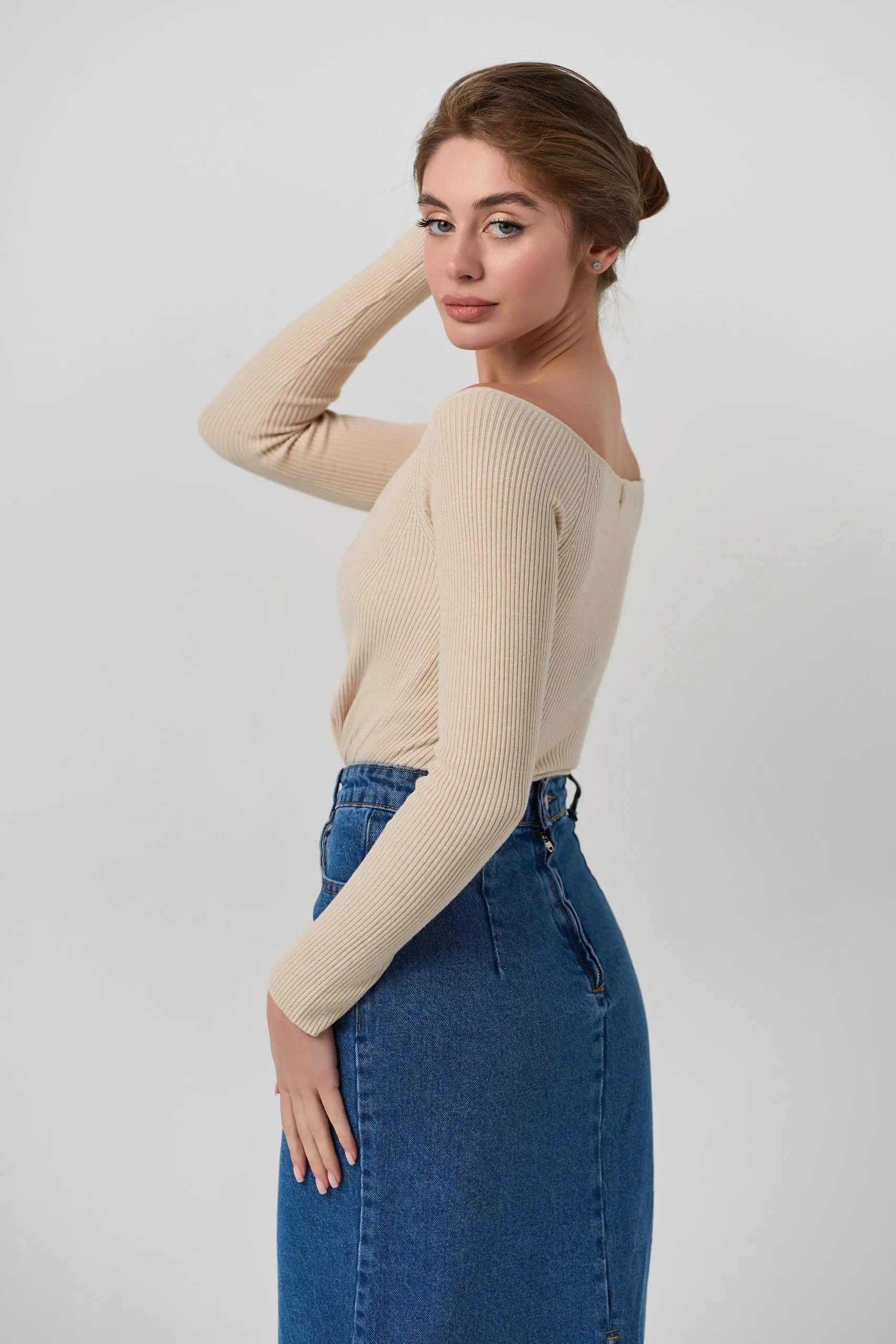 Beige Sweater with Curved Neckline - SOLMAR