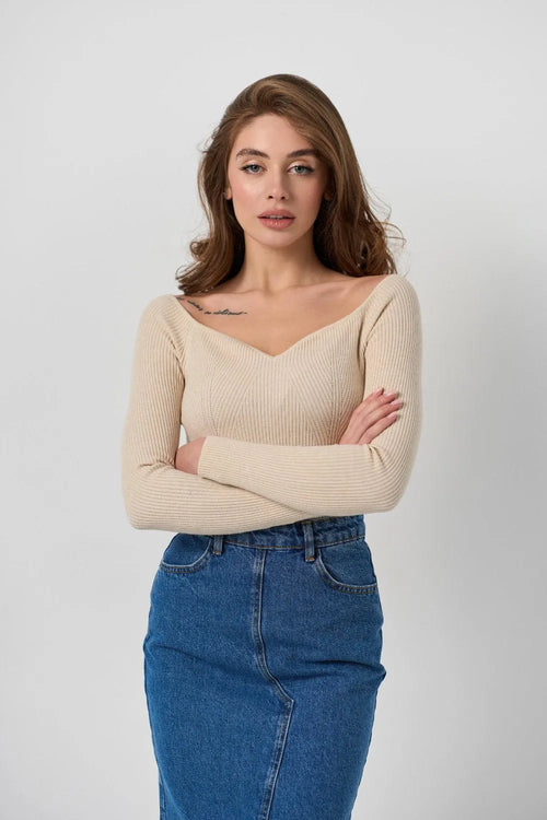 Beige Sweater with Curved Neckline - SOLMAR