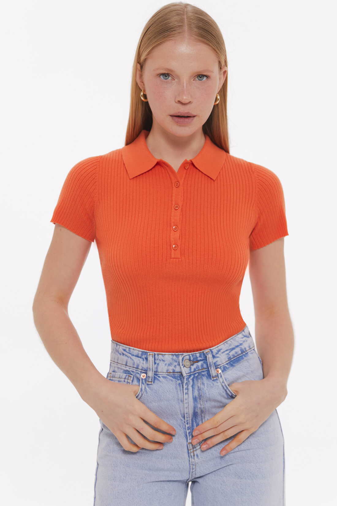 Orange Basic Ribbed Polo Shirt