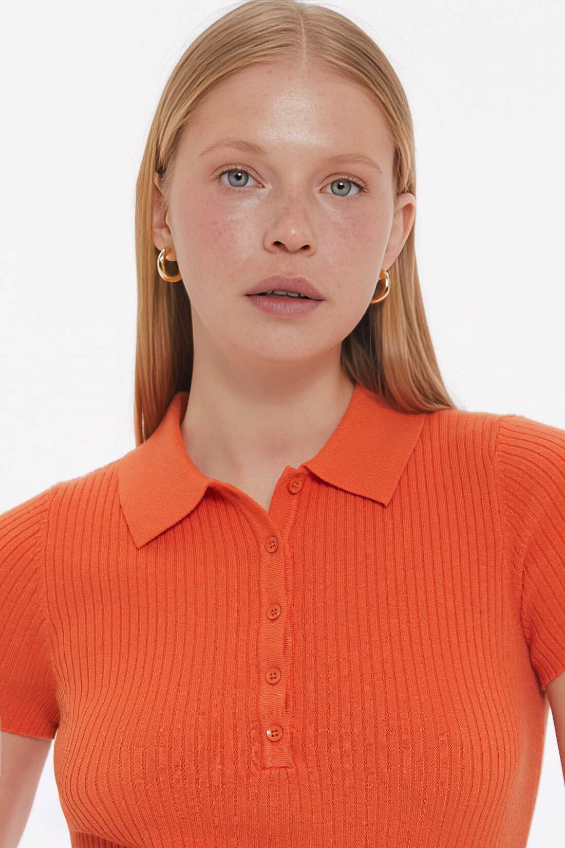 Orange Basic ribbed knit Polo jumper