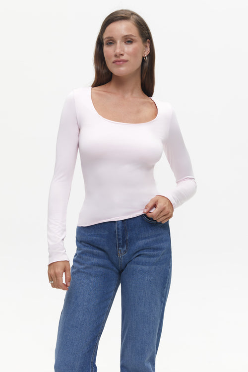 Pink Wide Neck Long Sleeve Top