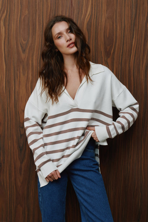 Beige Striped Polo Sweater