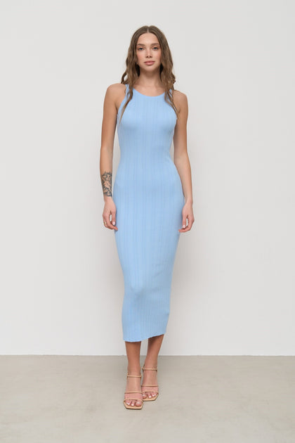 Blue Sleevless Ribbed Knit Midi Dress