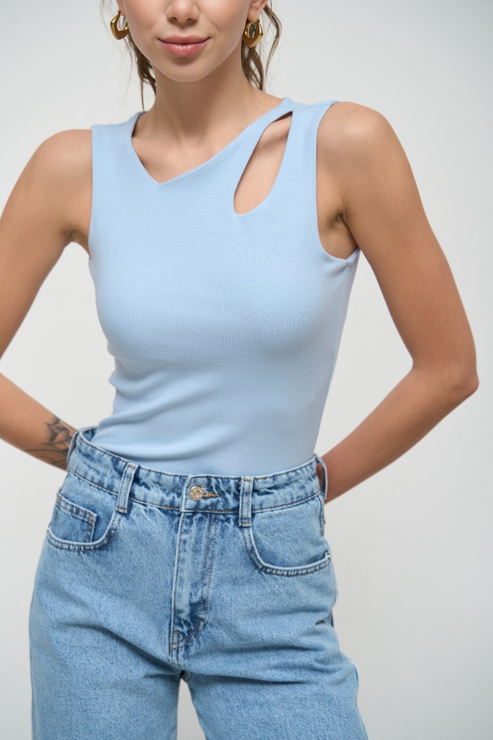 Blue Tank Top with Asymmetric Neck - SOLMAR