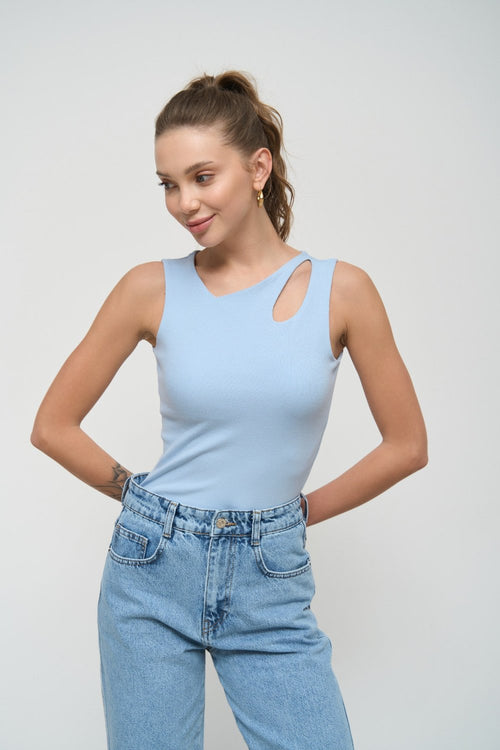 Blue Tank Top with Asymmetric Neck - SOLMAR