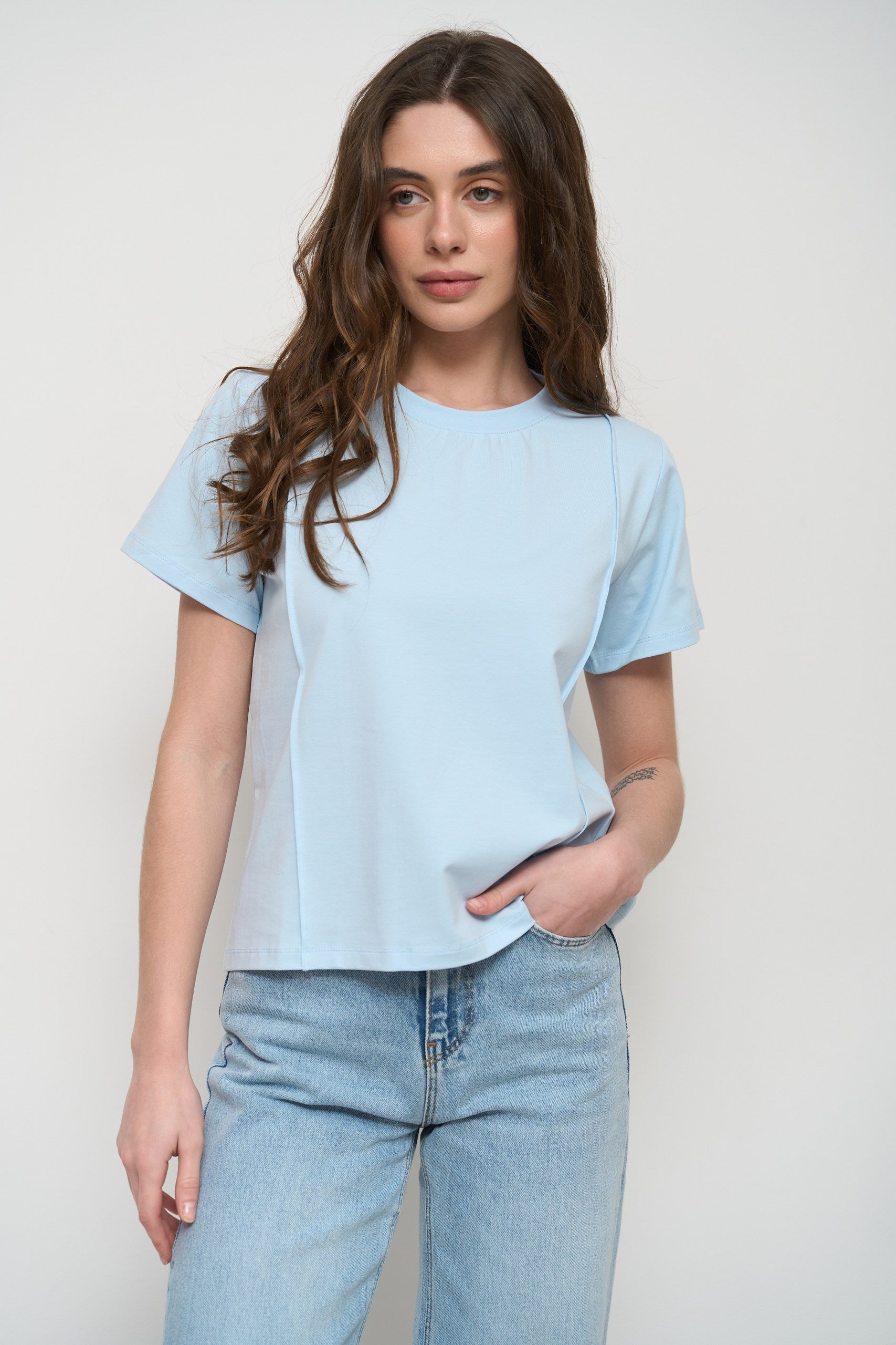 Blue T-Shirt with Decorative Seams - SOLMAR