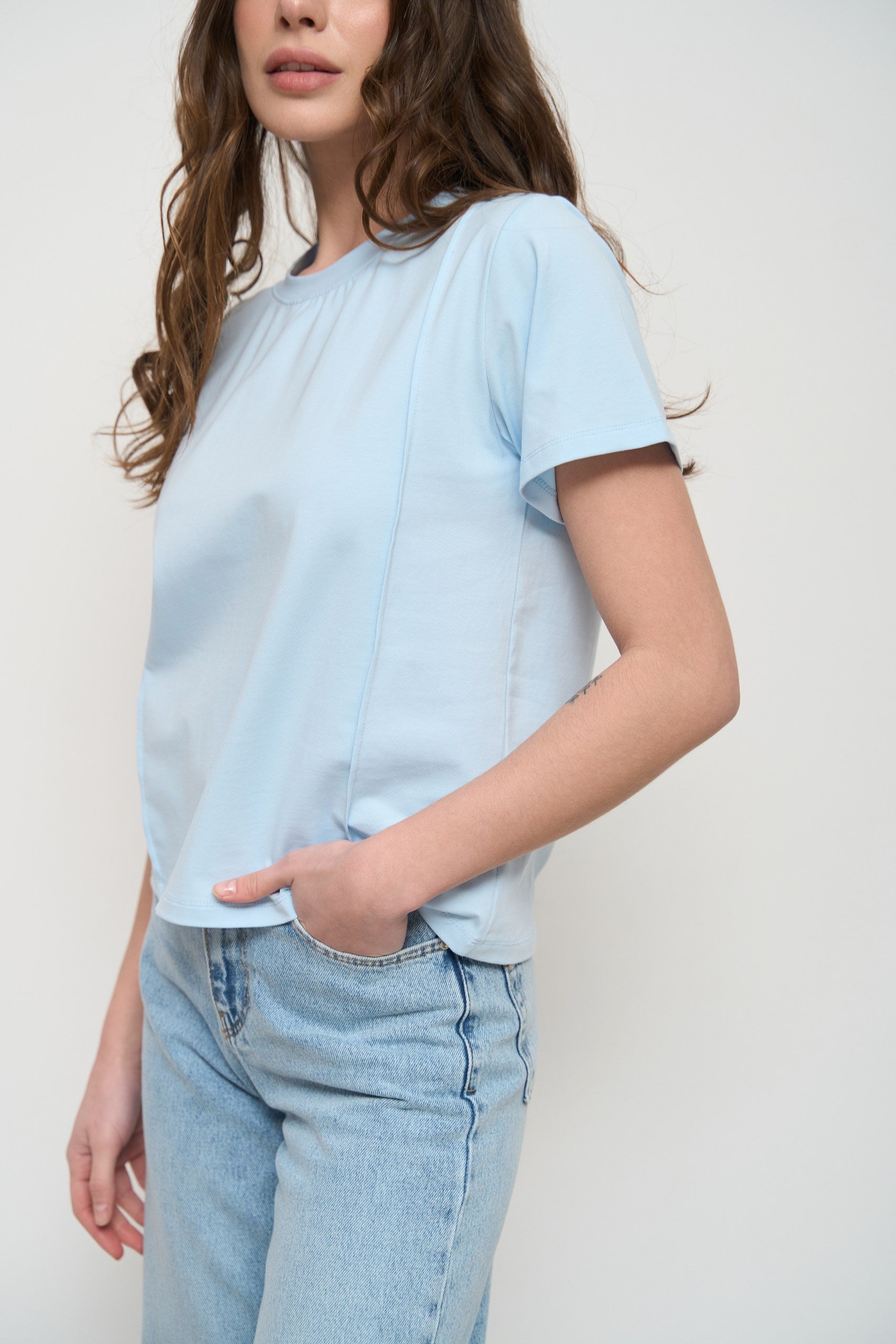 Blue T-Shirt with Decorative Seams