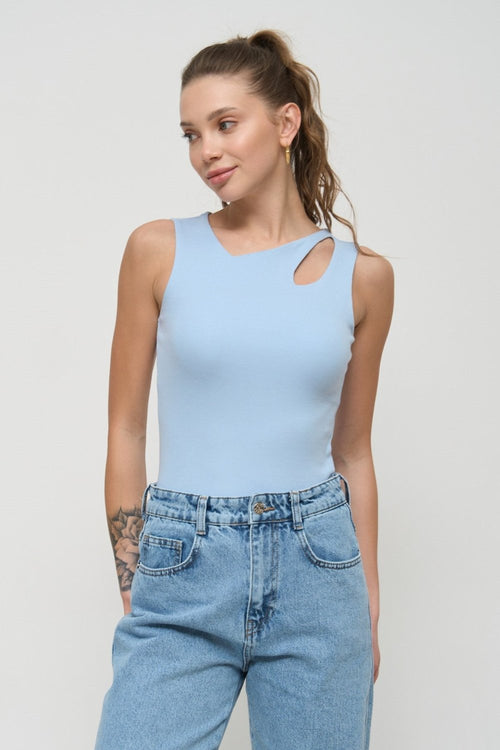 Blue Tank Top with Asymmetric Neck - SOLMAR