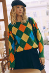 Green Diamond Pattern Knit Sweater