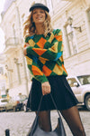 Green Diamond Pattern Knit Sweater