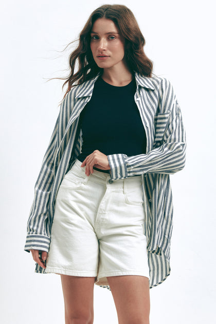 Dark Blue Oversize Striped Shirt - SOLMAR