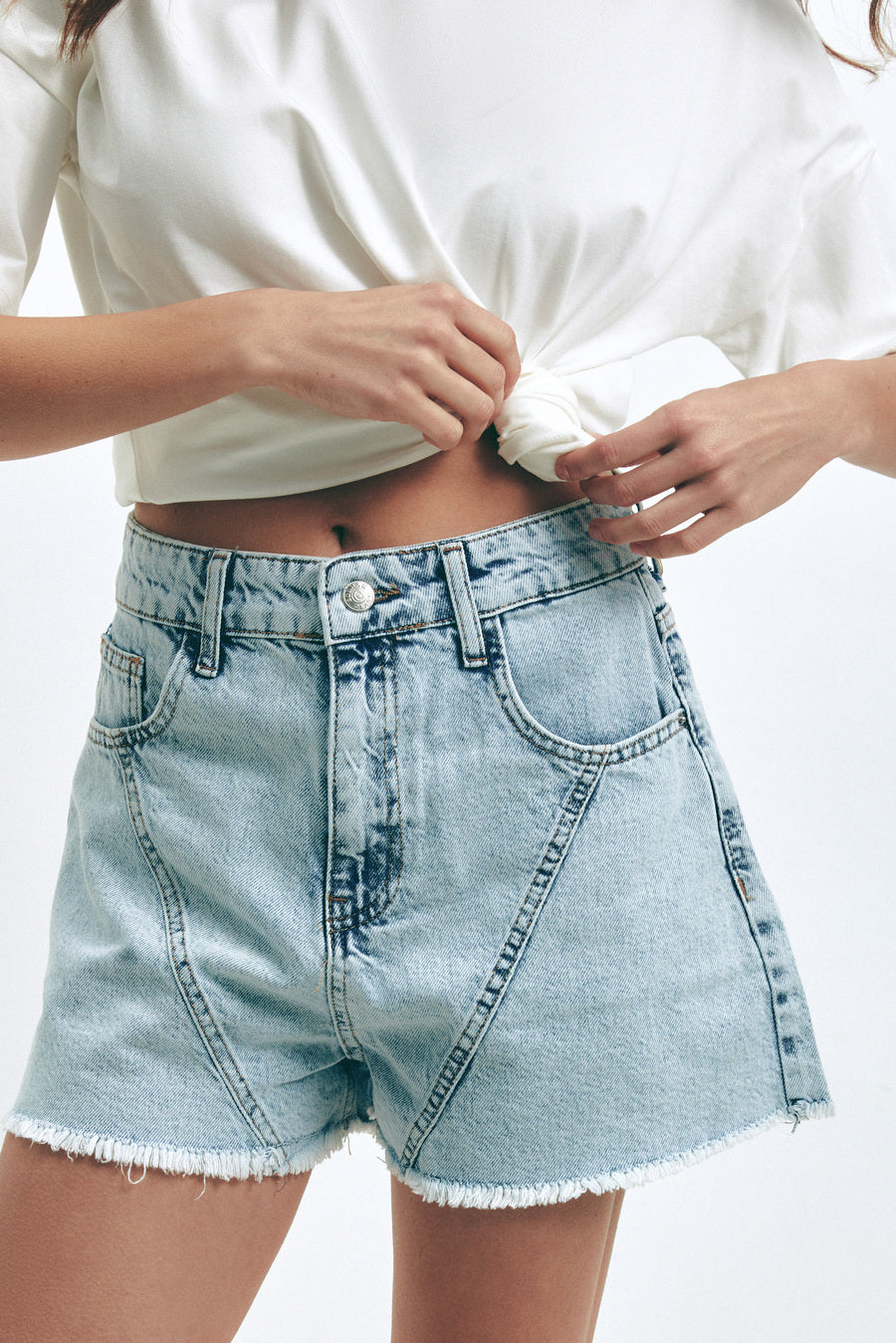 Light Blue Denim Shorts with Seams - SOLMAR