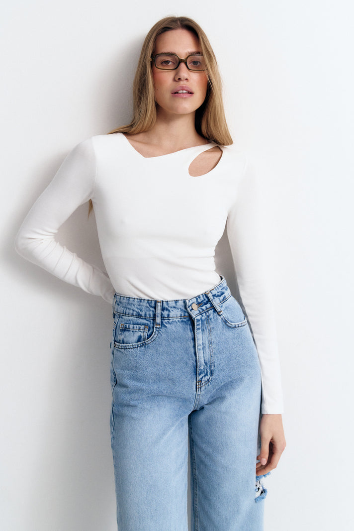 White Assymmetric Neckline Long Sleeve Top