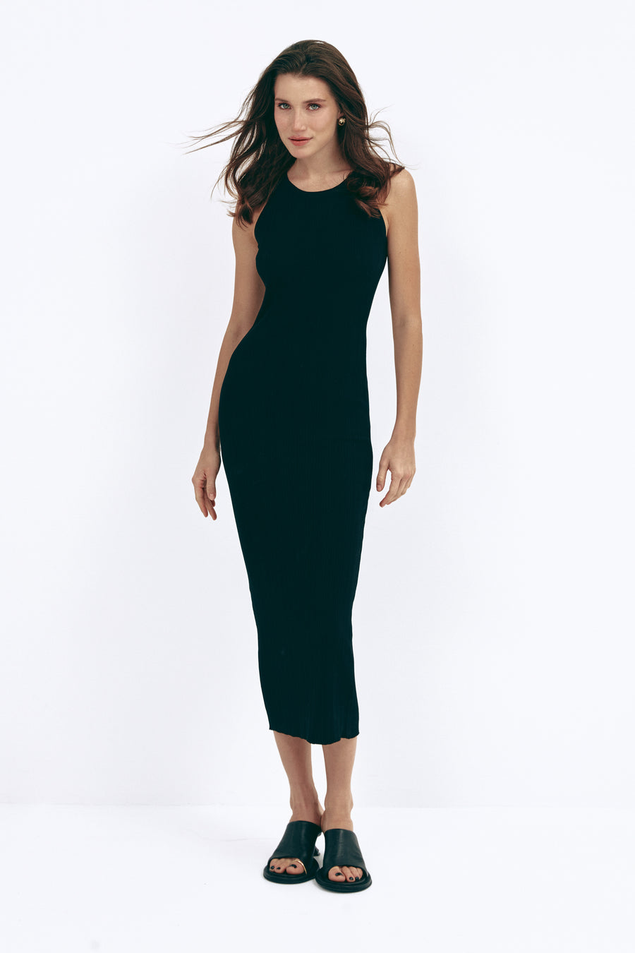 Black Sleevless Ribbed Knit Midi Dress