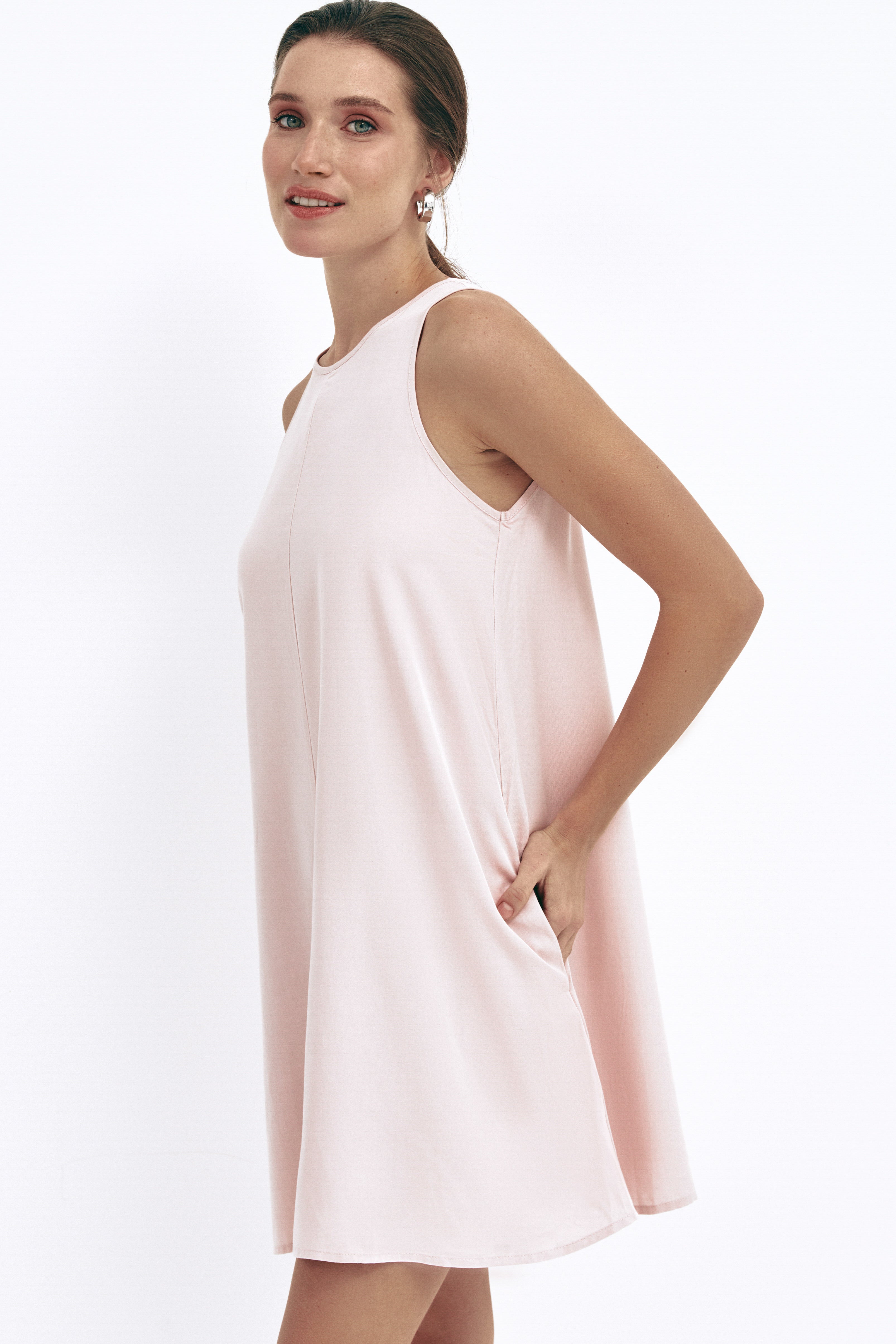 Pink Loose-fit Mini Dress with Pockets