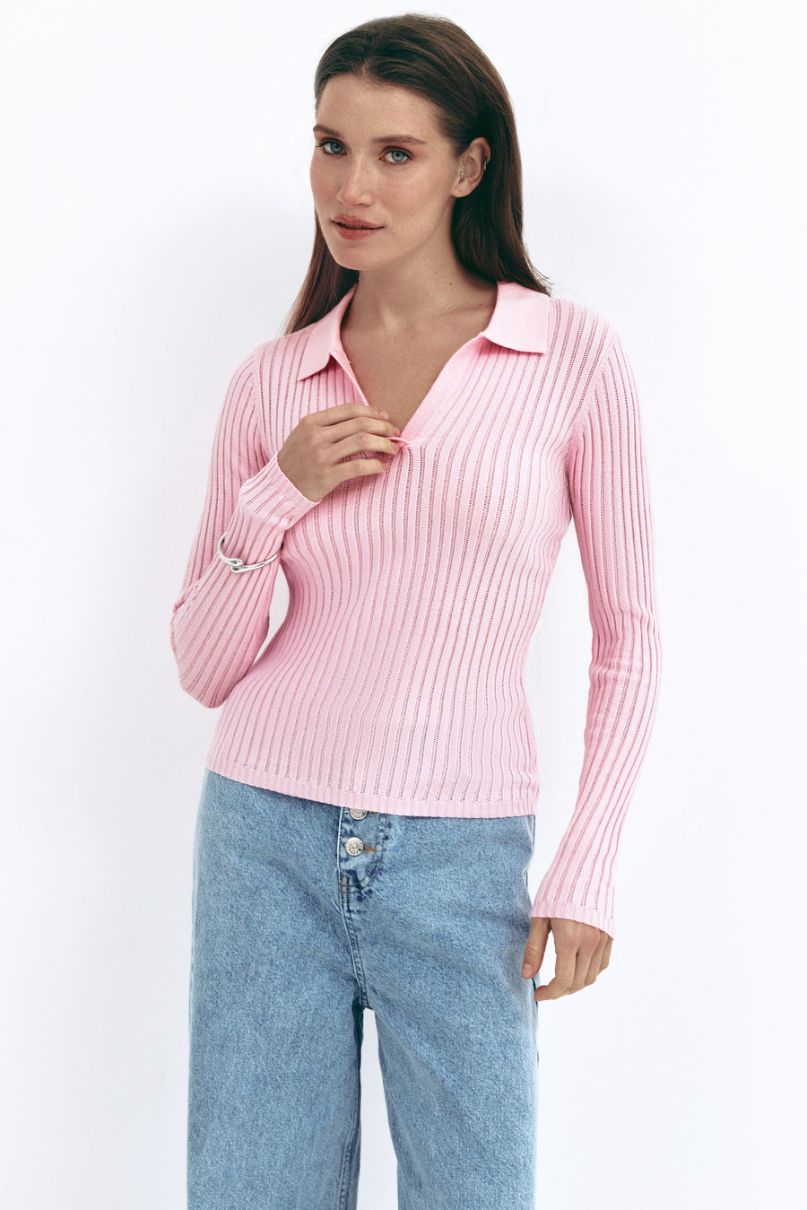 Pink Polo Collar Long Sleeve