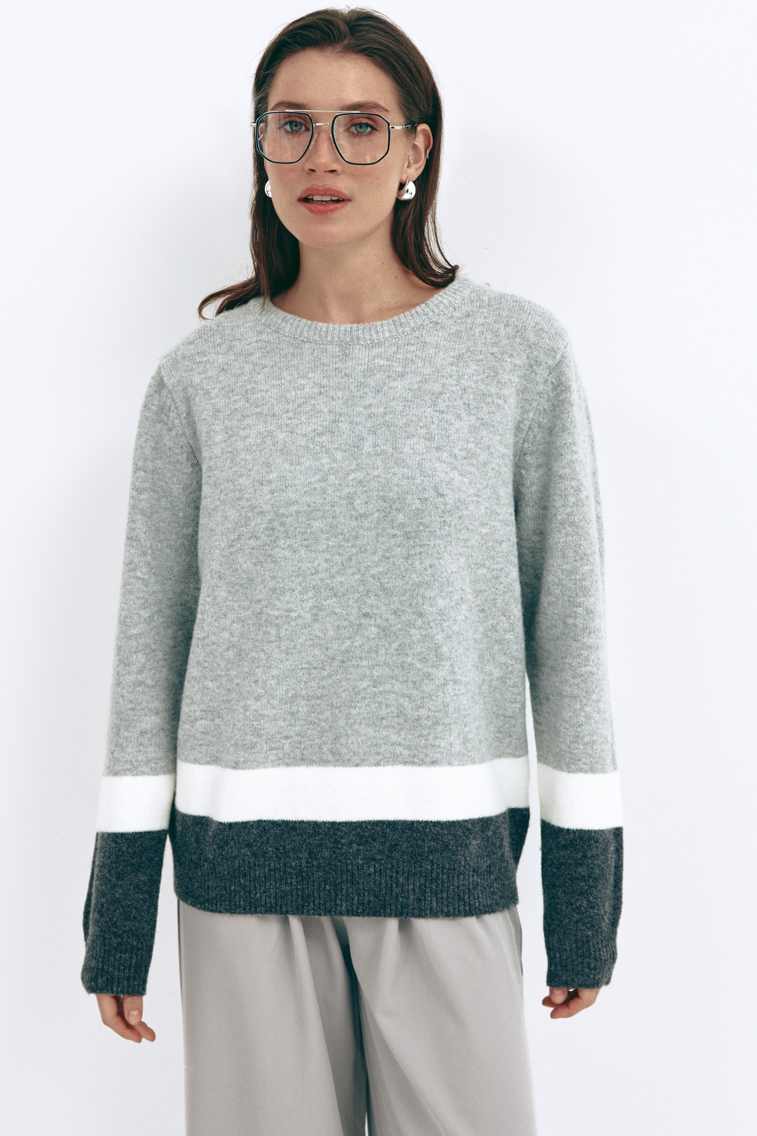 Grey Color Block Knit Sweater