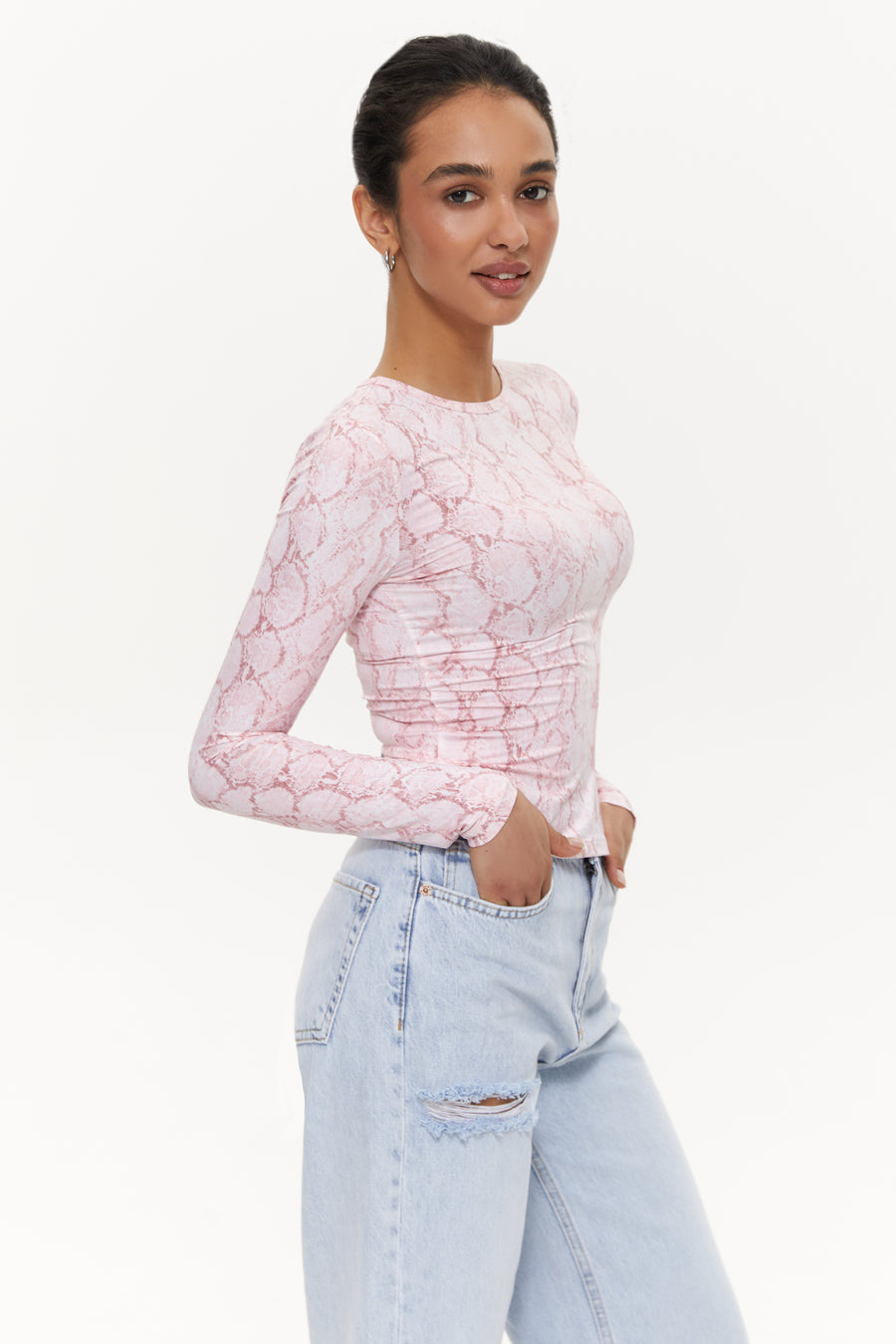 Snakeskin print long-sleeve top, Pink
