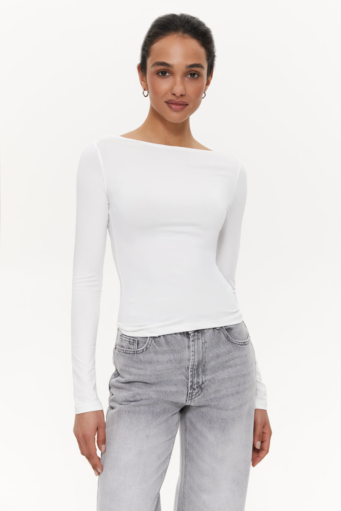 Boat-neck long-sleeve top, Clean White
