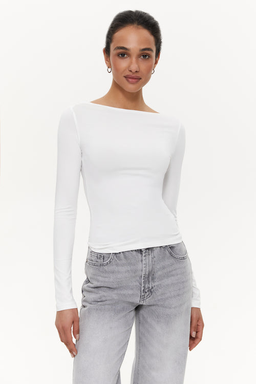 Boat-neck long-sleeve top, Clean White