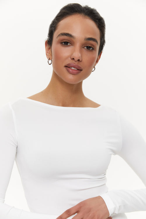 Boat-neck long-sleeve top, Clean White