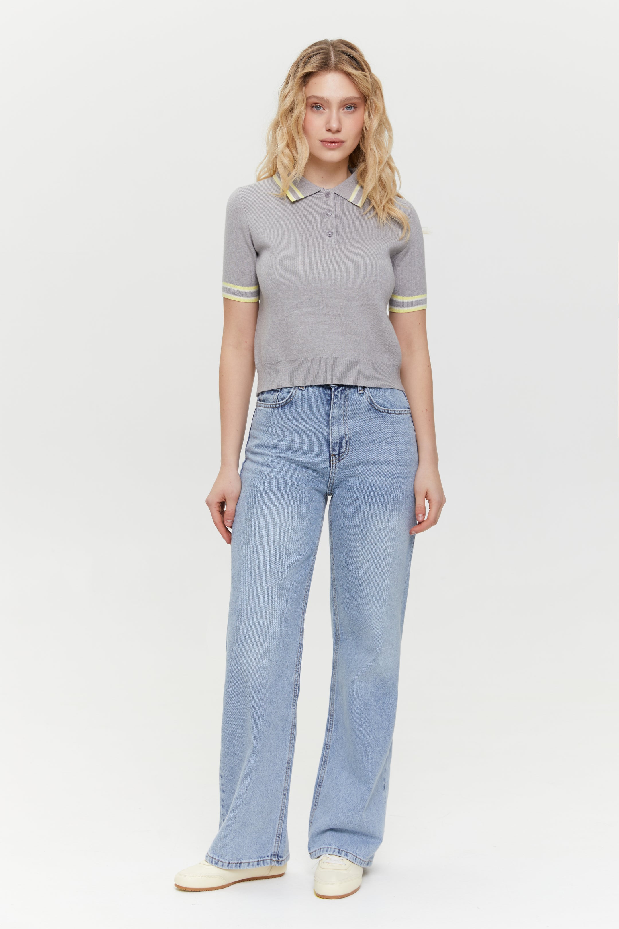 Powder Grey Striped knit Polo jumper