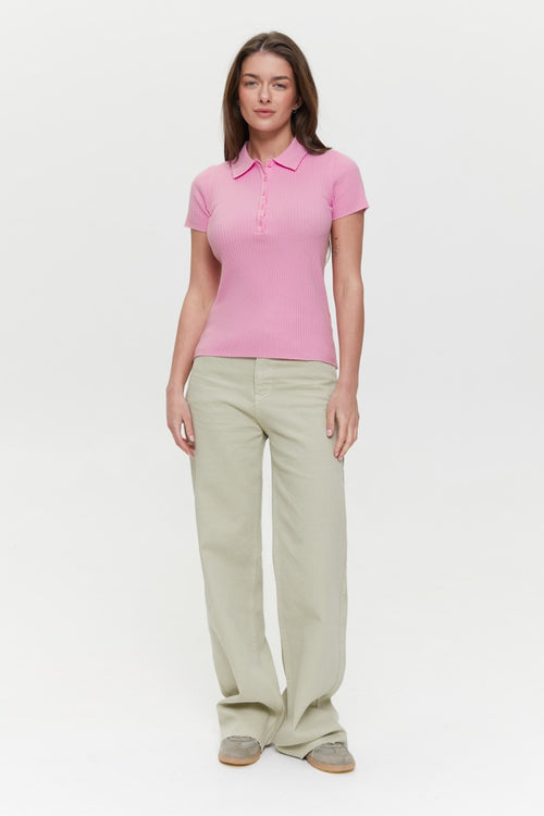Pink Basic ribbed knit Polo jumper