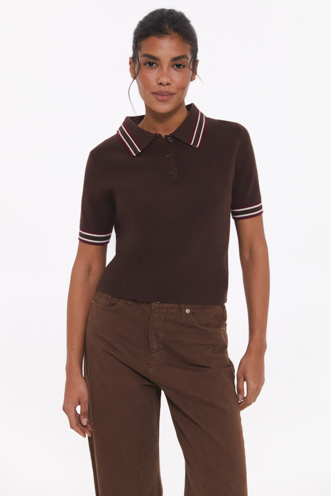 Chocolate Striped knit Polo jumper