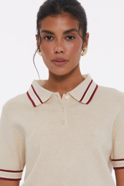 Oat Milk Striped knit Polo jumper