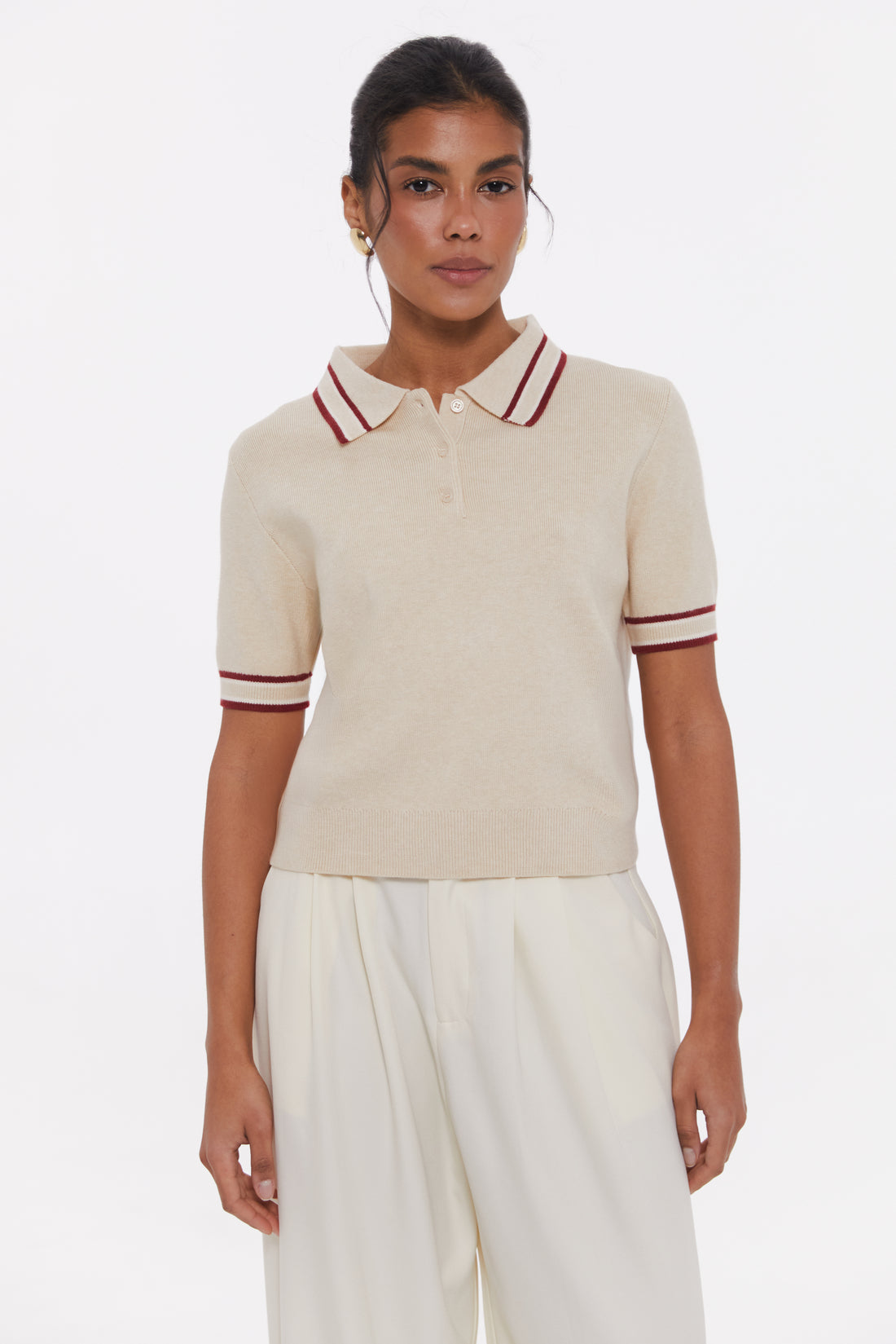 Oat Milk Striped knit Polo jumper