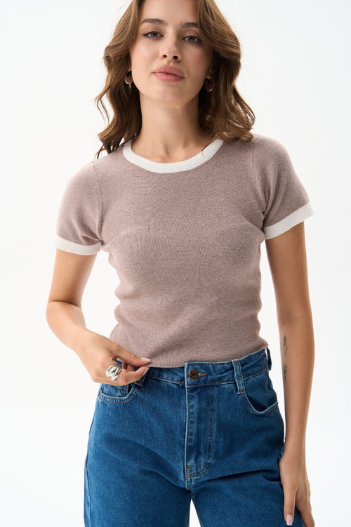 Beige T-Shirt with White Trim