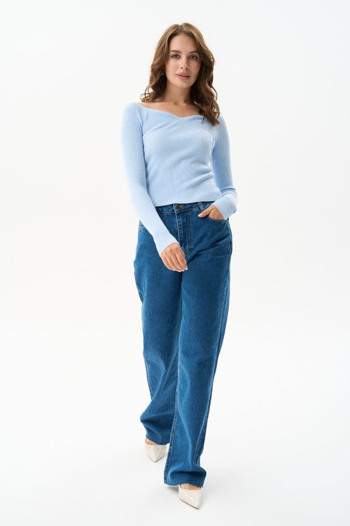 Blue Sweater with Curved Neckline