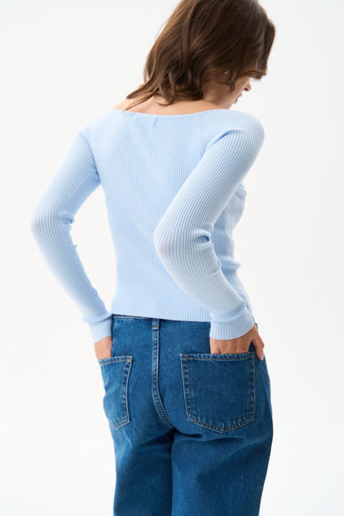 Blue Sweater with Curved Neckline