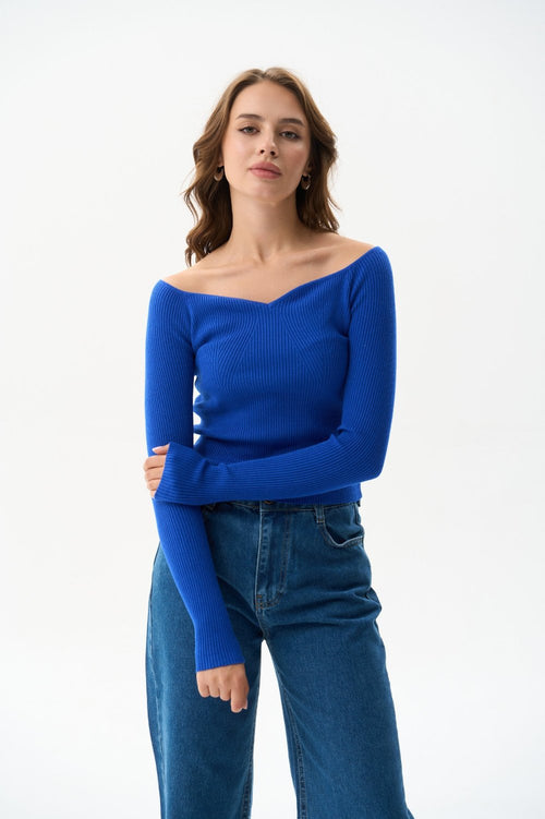 Electric Blue Sweater with Curved Neckline