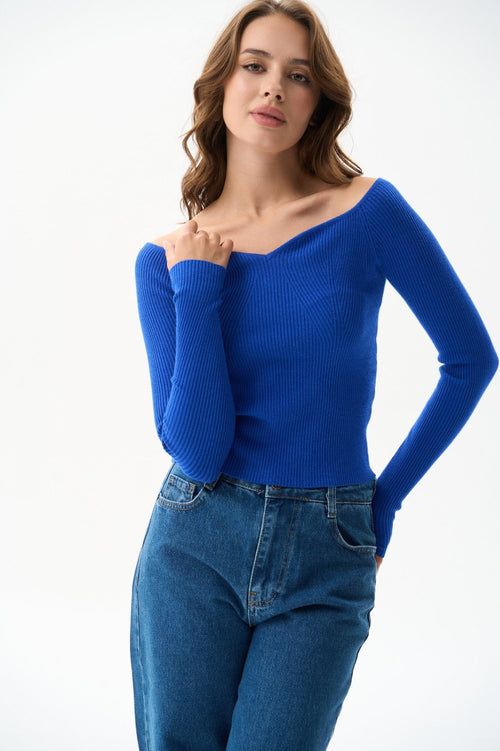 Electric Blue Sweater with Curved Neckline