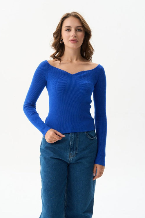 Electric Blue Sweater with Curved Neckline