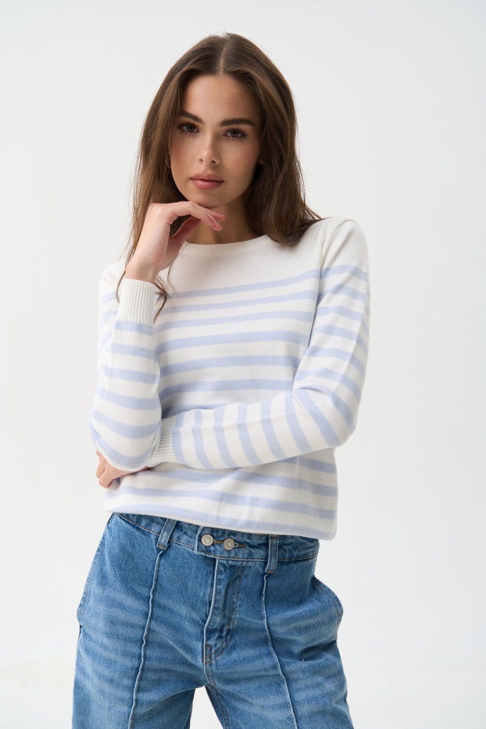 Blue Striped Knit Sweater with a Crew Neck