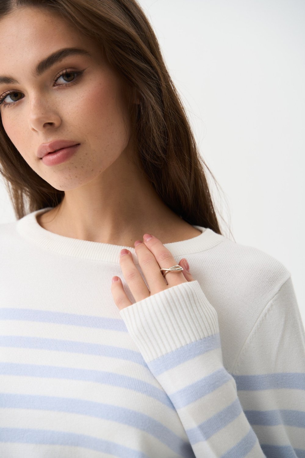 Blue Striped Knit Sweater with a Crew Neck