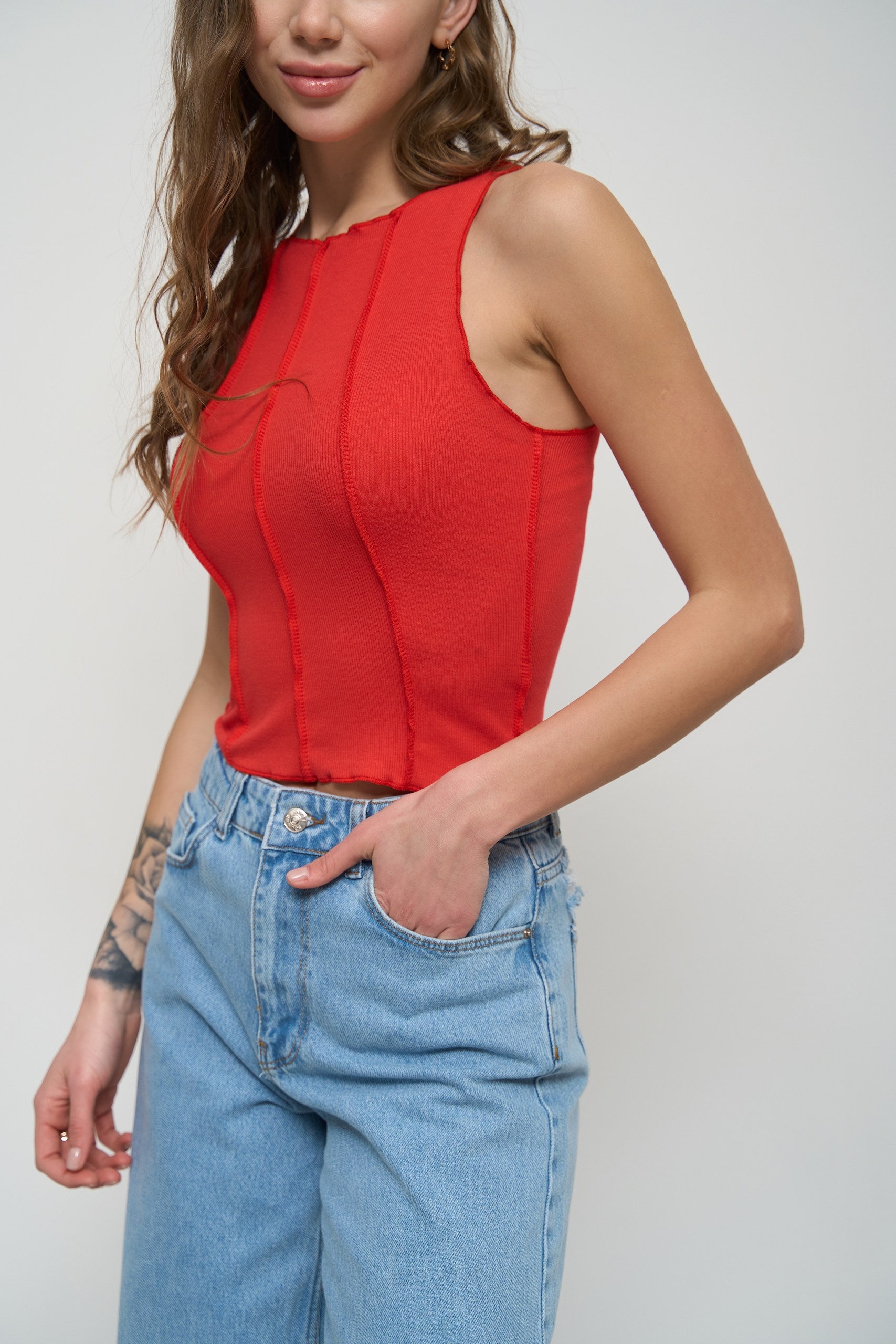 Red Tank Top with Decorative Seams - SOLMAR