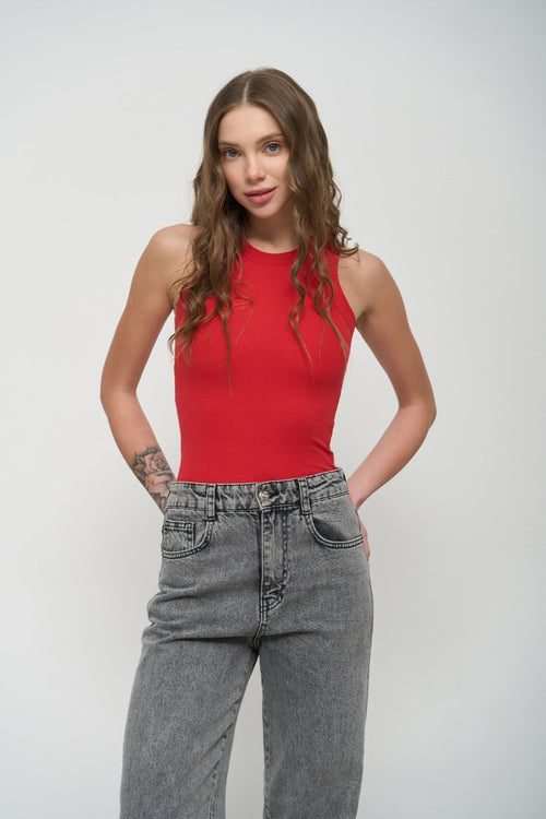 Red Fine Ribbed Tank Top - SOLMAR