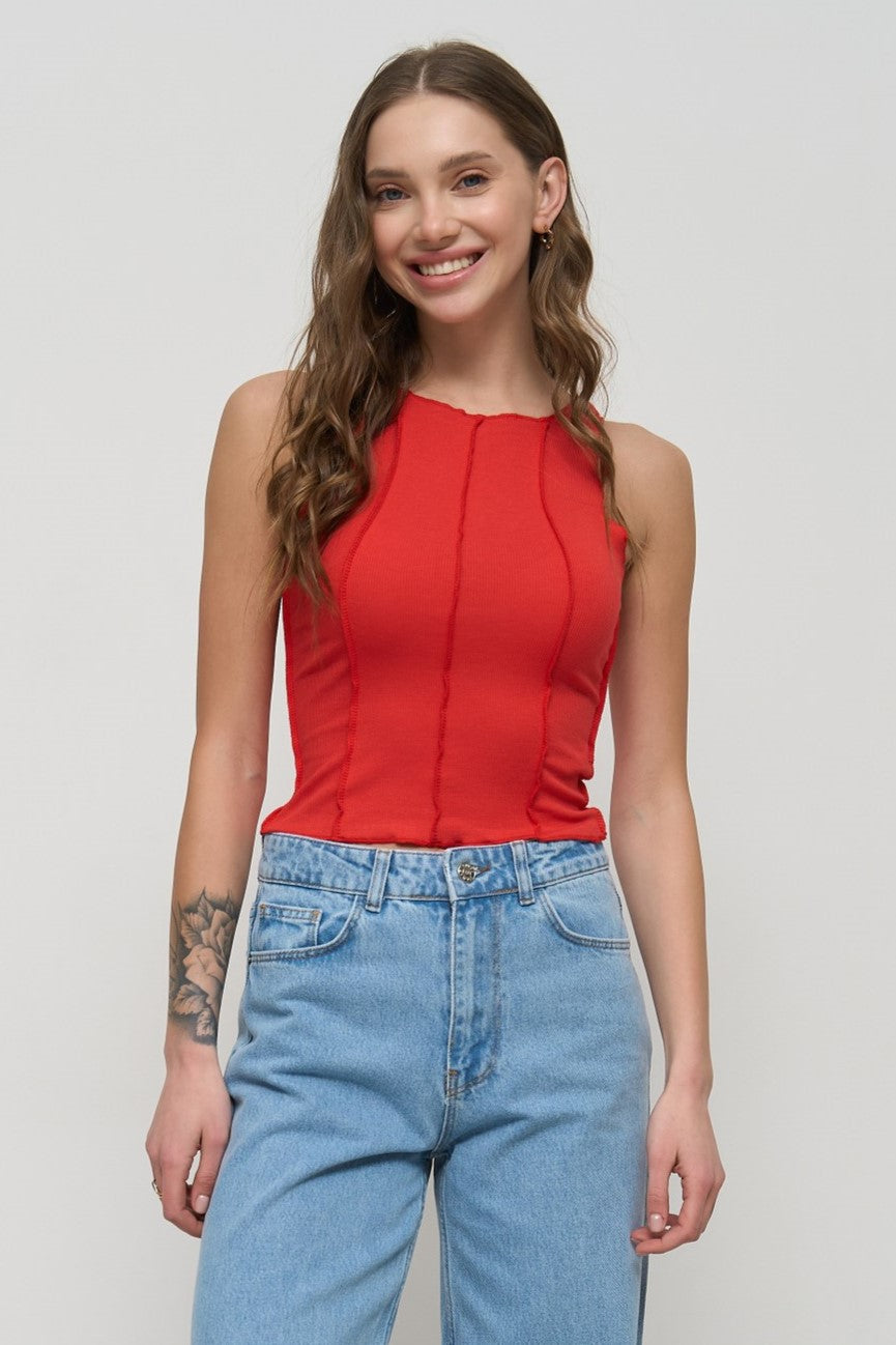 Red Tank Top with Decorative Seams - SOLMAR